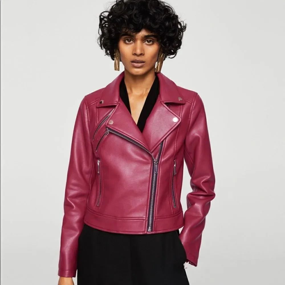 Mango dark red faux leather moto jacket size XS